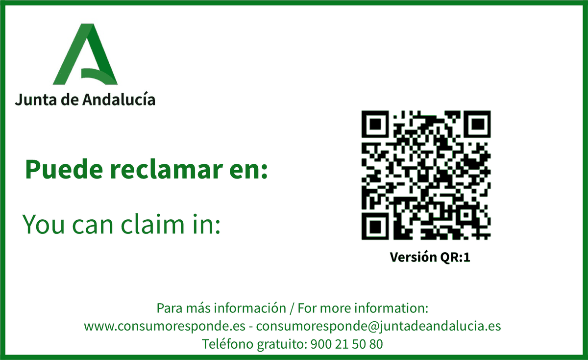 Official poster of the Andalusian Government: «You can claim in», with the QR code of our page in Hoj@, the electronic complaint form system.